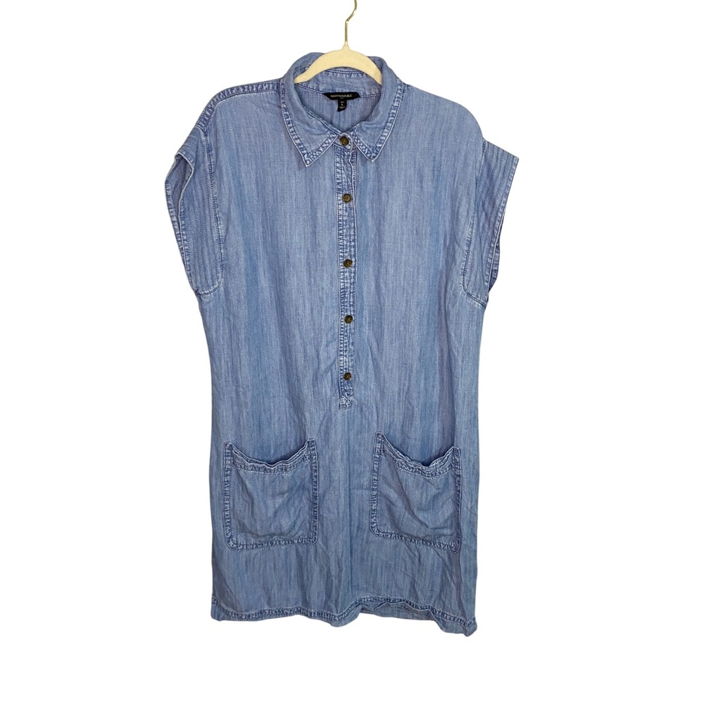 Banana Republic Womens Blue Chambray Denim Button Front Shirt Dress Tall L